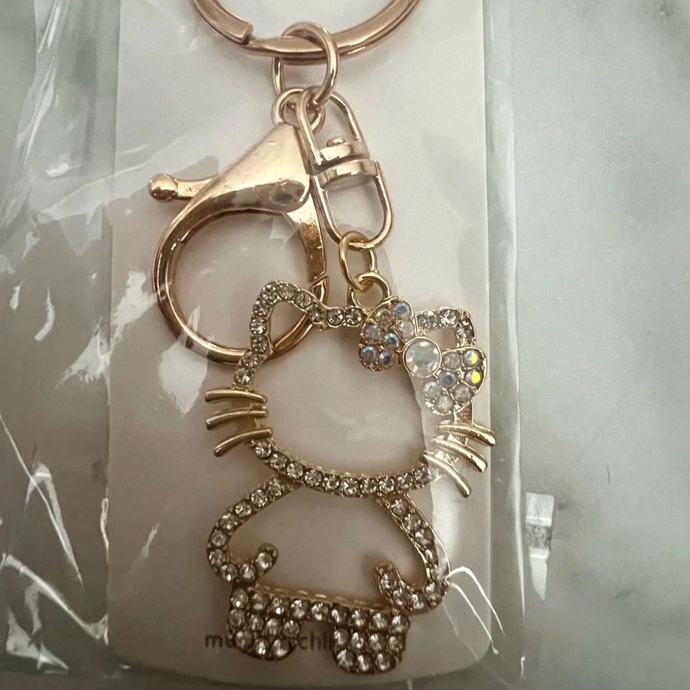 Gold hello kitty Cat Keychain with Crystals